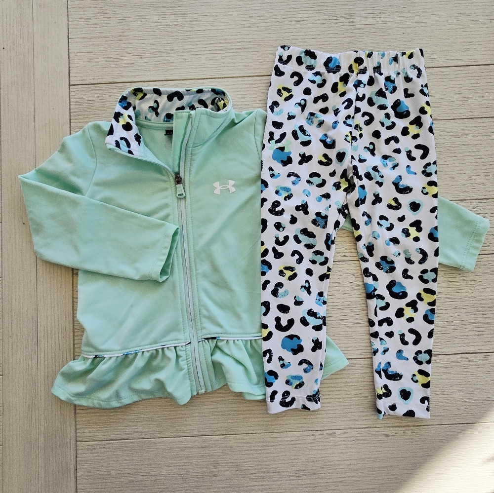 Under Armour Light Green Jacket and Leopard Patterned Leggings (3Y)
